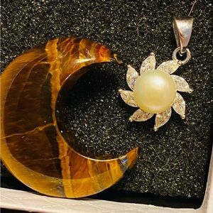 Sterling Silver Sun with pearl🌙 crescent moon Tigers Eye as a bonus.